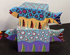 lot 120 image: Colorful Painted Abstract Design Fish Boxes