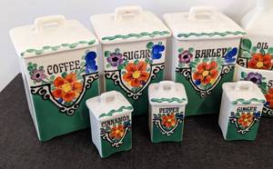 lot 134 image: TBICO Vintage Czech Painted Ceramic Spice Canisters