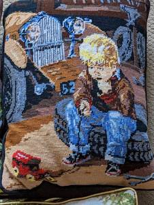 lot 354 image: Three Children Themed Needlepoint Pillows
