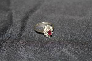 Womens Marquise RubyHalo of Round Single Cut Diamonds 14K White Gold Ring Size 7