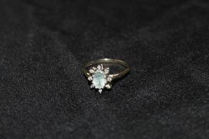 Womens Oval Blue Fashion StoneHalo of Single Cut Diamonds 14K White Gold Ring Size 2