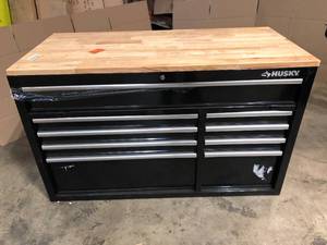 Husky 52 in. W x 25 in. D Standard Duty 9-Drawer Mobile Workbench Tool Chest with Solid Wood Top in Gloss Black  Customer Returns See Terms on Auction