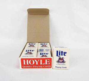 lot 45 image: Box of 12 Vintage Hoyle Miller Lite Poker Size Playing Card Decks