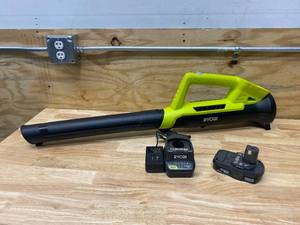 lot 33 image: RYOBI ONE 18V 90 MPH 200 CFM Cordless Battery Leaf BlowerSweeper with 2.0 Ah Battery and Charger
