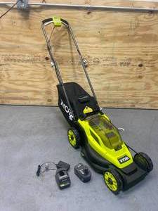 lot 38 image: RYOBI ONE 18V 13 in. Cordless Battery Walk Behind Push Lawn Mower with 4.0 Ah Battery and Charger
