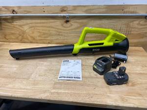 lot 41 image: RYOBI ONE 18V 90 MPH 200 CFM Cordless Battery Leaf BlowerSweeper with 2.0 Ah Battery and Charger