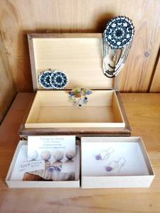 Collection Of Artisan Jewelry With Hand carved Wood Jewelry Box