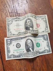 Old 1963 $5 Bill And 1976 $2 Bill