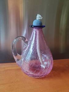 Pink Crackle Glass Oil Lamp With Blue Rim