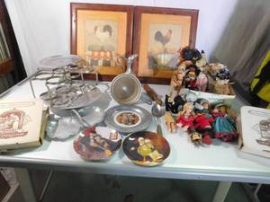 Vintage kitchen ware, Vintage dolls & wind up dog, plates and more