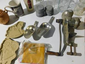 Vintage meat grinder, canning jars, Vintage canning lids, coke glass 7 cup, pottery and more