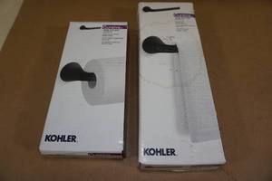 lot 123 image: Kohler Cursiva Matte Black Towel Arm and Toilet Paper Holder