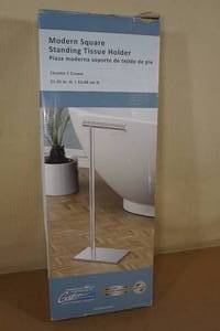 lot 128 image: NEW Gatco Modern Square Standing Toilet Tissue Holder - Chrome