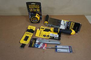 lot 142 image: Stanley Hand Tools - Tape Measure, Driver, Utility Knife, Wonder Bar, Backsaw