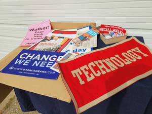 Political, Labor and Other Buttons Plus Technology Felt Banner and Signs, etc.