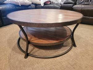 Metal Framed Round Plank Coffee Table
