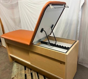 MSRP $1800 Clinton Industries Sit Up Split Top Examination Treatment Table With Double Sided 2 Sliding Doors Storage Cabinet &amp Paper Dispenser In Maple Laminate Finish - Excellent Condition