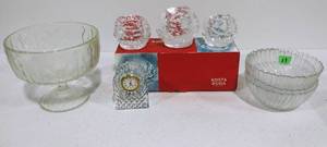 lot 9 image: Snowballs Candle Holders, Pedestal Bowl, Bowls and Waterford Crystal Clock