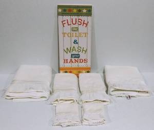 lot 10 image: Set of Lace Ruffled Towels and Bathroom Sign