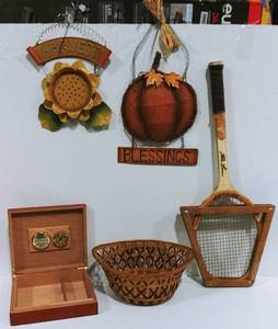 lot 57 image: Humidor, Vintage Tennis Racket, Fall Decor and Basket