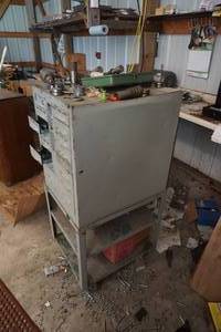 lot 5 image: Wheeled Metal Storage Cabinet With Assorted Metal Fabrication Tool and Dies