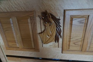 lot 47 image: Hand Made Solid Wood Designer Queen Head With Raised Panels and Horse Design Logo