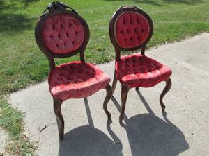 lot 174 image: 2 Antique chairs with plush red uph...