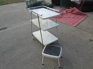 lot 195 image: Vintage metal cart and footstool...