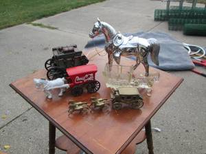 lot 200 image: Silver horse, iron Coca Cola wagon,...