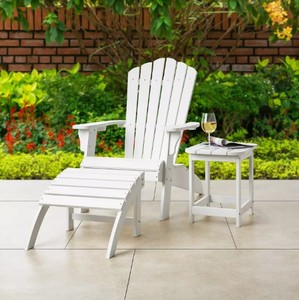 lot 626 image: NEW Lot of 4 Pieces of Outdoor Furniture - 2 Adirondack Chairs  1 Ottoman  Side Table