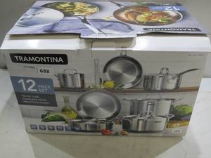 lot 688 image: Tramontina 12-piece Tri-Ply Clad Stainless Steel Cookware Set - USED