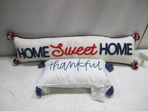 lot 728 image: Pair of Internal Home Decor Throw Pillows - Home Sweet Home & Thankful
