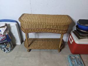 lot 43 image: Vintage Rattan Wicker Side Table-35.5 x 14 x 49.5