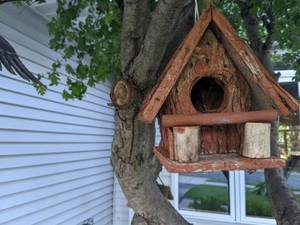 lot 201 image: Lovely Outdoor Decor-Wooden Bird House, Carved Bird, & Sun Wall Plaque