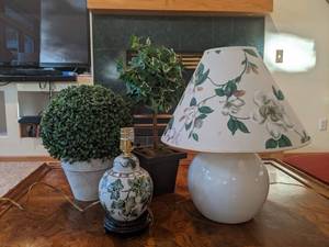 lot 231 image: Two Beautiful Floral Table Lamps and Faux Topiary Trees