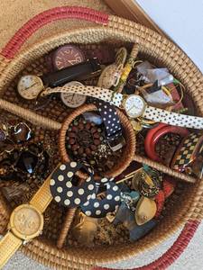 lot 184 image: Basket Full of Vintage Watches, Earrings, Rings, Brooches, Earrings, & More