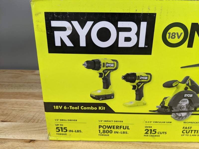 lot 15A image: Brand New Ryobi ONE 18V Cordless 6-Tool Combo Kit with 1.5 Ah Battery, 4.0 Ah Battery & Charger Y