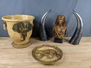 lot 136 image: Decorative Elephant Vase, Leopard Plate, Egyptian Bust Statue and Silver Bull Horns Z