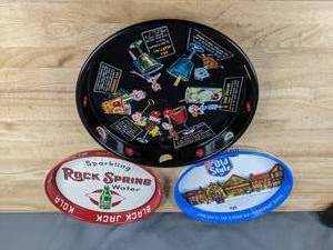 lot 124 image: Lot of 3 Vintage Round Metal Serving Trays Old Style, Sparkling Rock Spring Water and Mixed Drink Recipes Z