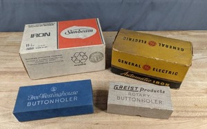 lot 128 image: Vintage Sunbeam Presto Iron, Free-Westinghouse Buttonholer, Greist Products Rotary Buttonholer, GE Automatic Iron Z