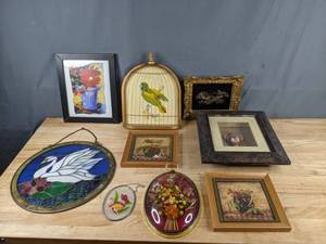 lot 119 image: (9) Unique Pieces of Framed Artwork and Stained Glass Sun Catchers Z