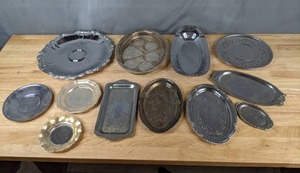 lot 111 image: (12) Assorted Silver and Metal Serving Platters Z