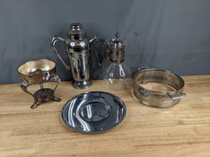 lot 112 image: Vintage Silver PlatedGlass Carafe Pot with Warming Stand, Silver Cocktail Shaker, Round Platter, and Serving Dish Tray Z