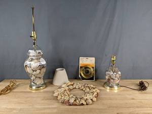 lot 145 image: Set of Two Seashell Lamps, Seashell Decor, Light Fixture Canopy, Small Lampshade   Z