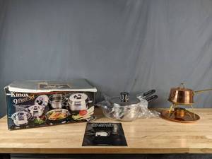 lot 137 image: Kinox 9 Piece Stainless Steel Cookware Set, Solid CopperStainless Steel Fondue Set, Pasta Pot  Z
