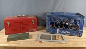 lot 139 image: Red Metal Test Rite Toolbox with Various Tools, Duct Opening Register, 20 Piece Socket Wrench Set, Various Tools and Paint Supplies  Z