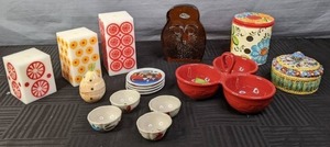 lot 191 image: Gorgeous Ceramics, Glass and Candles Spanish Garlic Keeper, Longaberger 3-Part Dish, Italian Trinket Box, Blenko Handcraft  Amber Glass Owl, and More  X