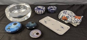 lot 193 image: Large Lucite Bowl with Lid and Variety of Ceramic Objects by Wildwood, West Elm and Villeroy and Boch  X