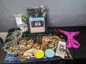 lot 170 image: Assortment of Hungry Kitty Dishes, Pet Harnesses, Two Cable Chains, Treat A Dog PupProtector Trunk Cover, Ground Stakes and More X