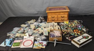lot 187 image: Wood Jewelry Box with Assortment of Necklaces, Bracelets, Earrings, Jewelry FindingsComponents and More X